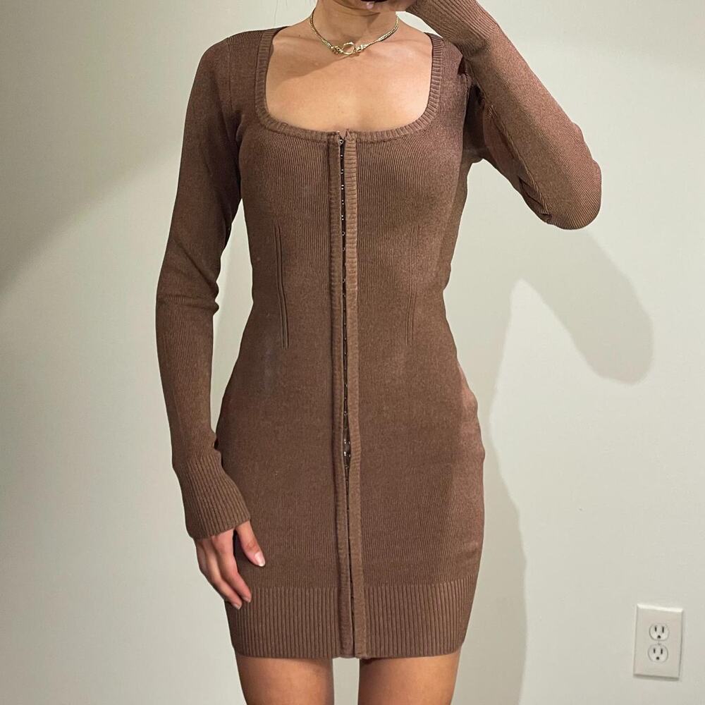 Brown Long Sleeve Mini Dress